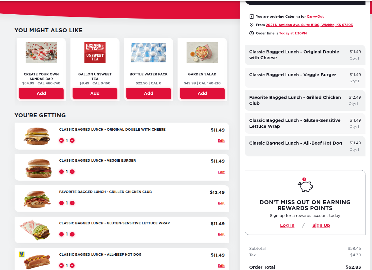 Freddy’s catering order page with bagged lunch selections