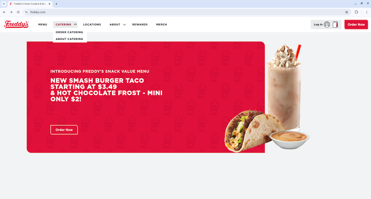 Freddy’s catering page with snack value menu promotion
