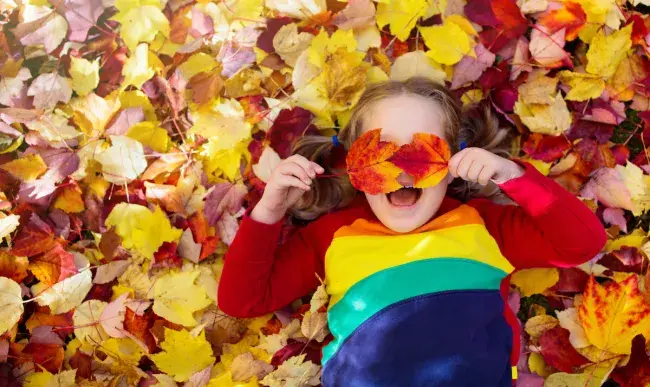 Child lying in autumn leaves holding red leaves over their eyes
