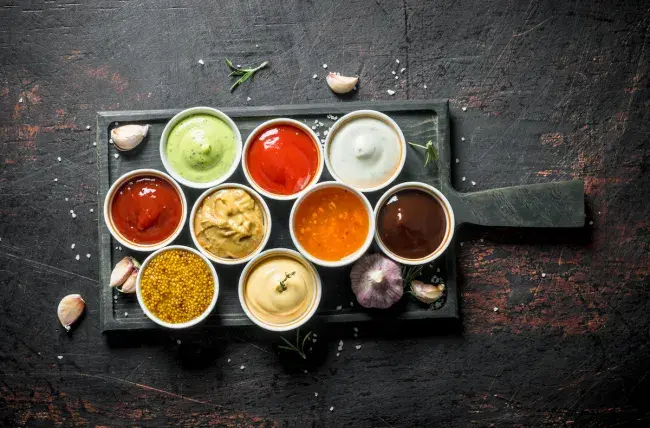 Assorted dipping sauces in small bowls on a wooden board