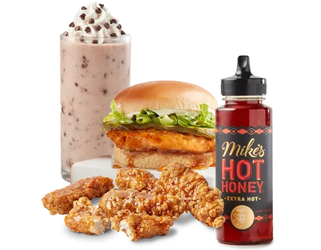 Mikes Extra Hot Honey Chicken Sandwich and Tedners and Molten Chocolate Cake Shake