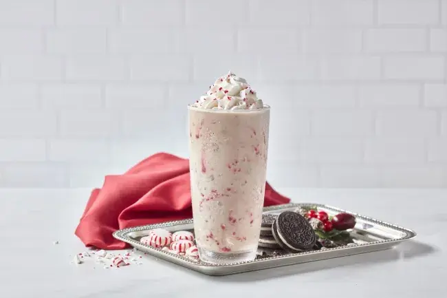 Freddy’s Peppermint OREO® shake with whipped cream and peppermint pieces