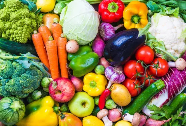Assortment of fresh, colorful fruits and vegetables