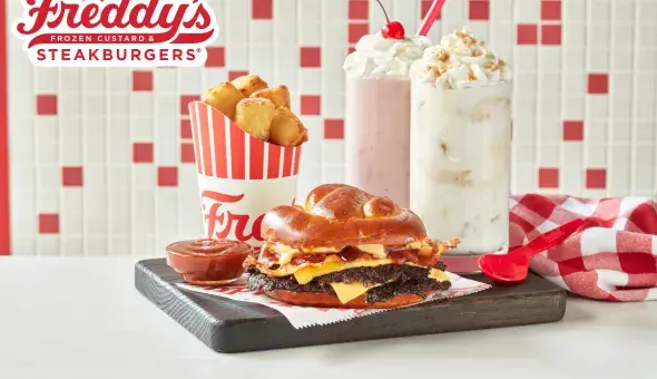 Freddy's Pretzel Bacon BBQ Steakburger, Very Berry Strawberry Shake and Key Lime Pie Concrete with a side of cheese curds