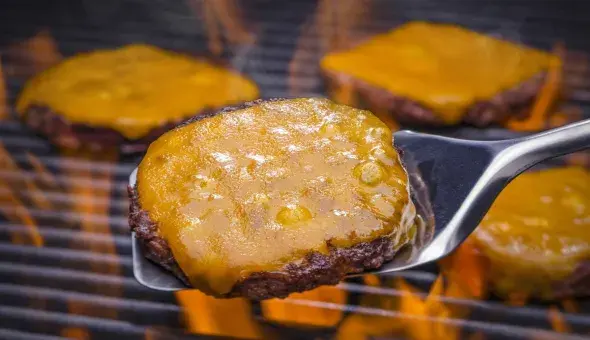 Grilled cheeseburger with melted cheese cooking over an open flame