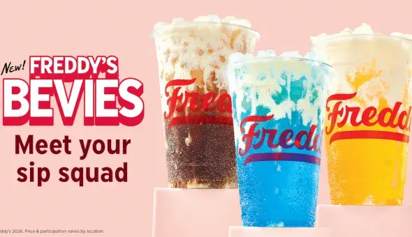 Freddy’s Bevies featuring three Custard Cream Sodas with the “Meet your sip squad” message