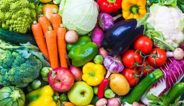 Assortment of fresh, colorful fruits and vegetables