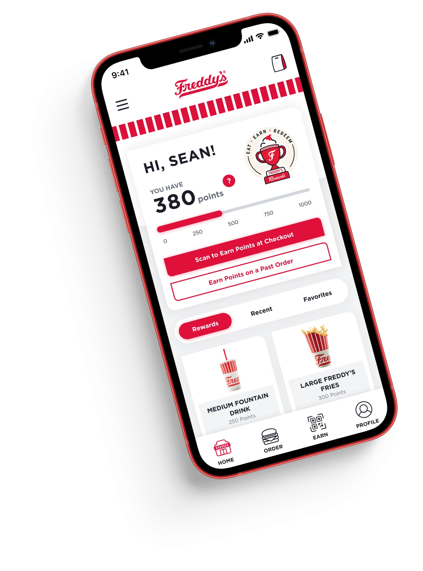Mobile device with a user's Freddy's rewards dashboard shown