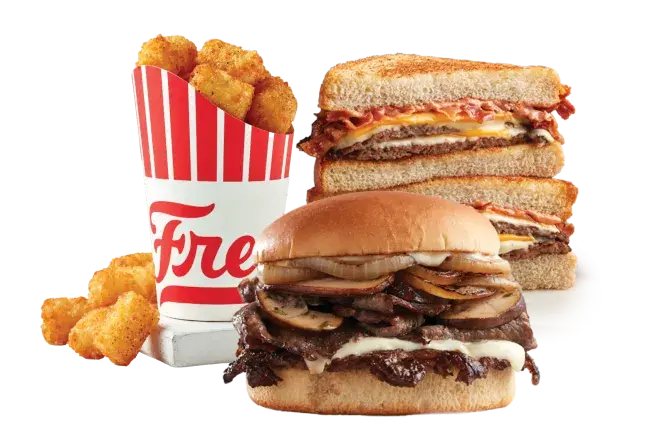 Freddy's Prime Rib Steakburger, Grilled Cheese Steakburger, and Tots